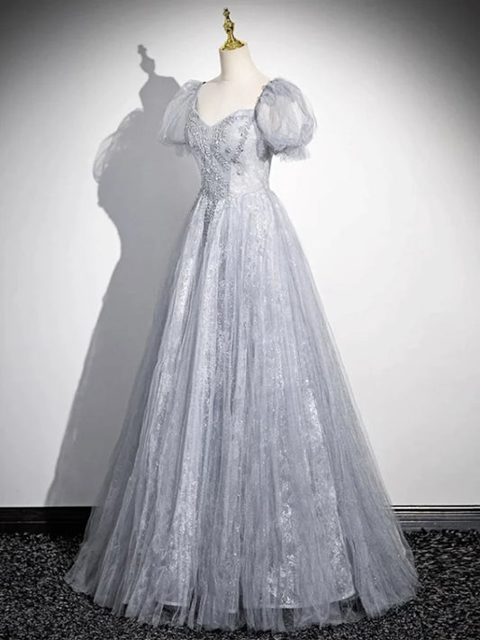 Vestido de fiesta de tul gris con cuentas, largo hasta el suelo, corte A, manga corta, TP101