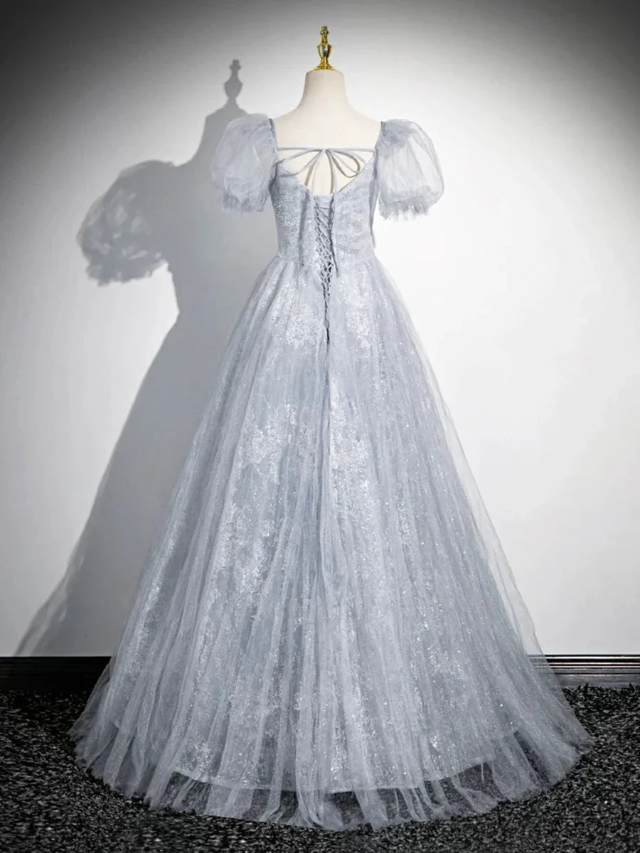 Vestido de fiesta de tul gris con cuentas, largo hasta el suelo, corte A, manga corta, TP101
