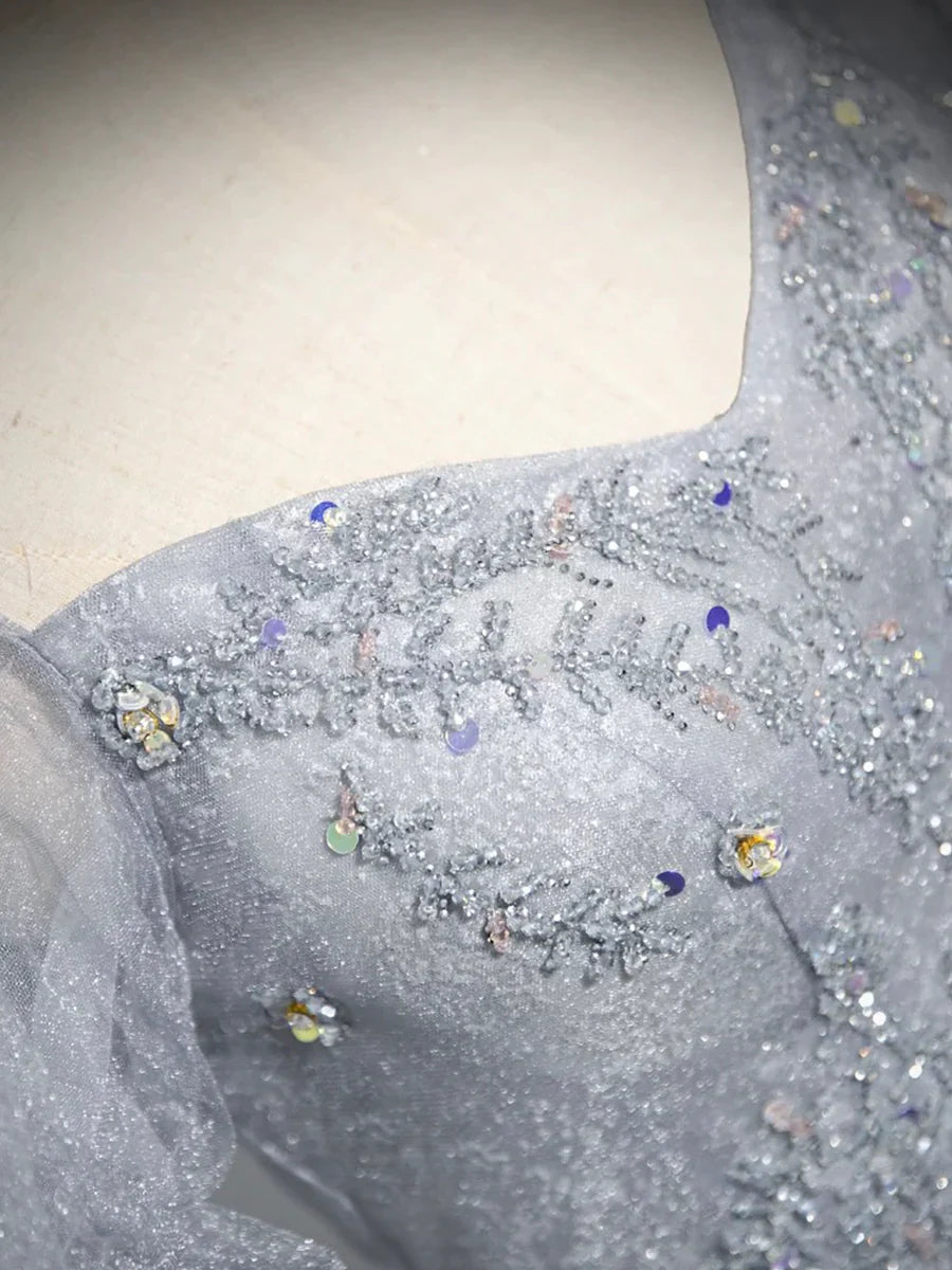 Vestido de fiesta de tul gris con cuentas, largo hasta el suelo, corte A, manga corta, TP101