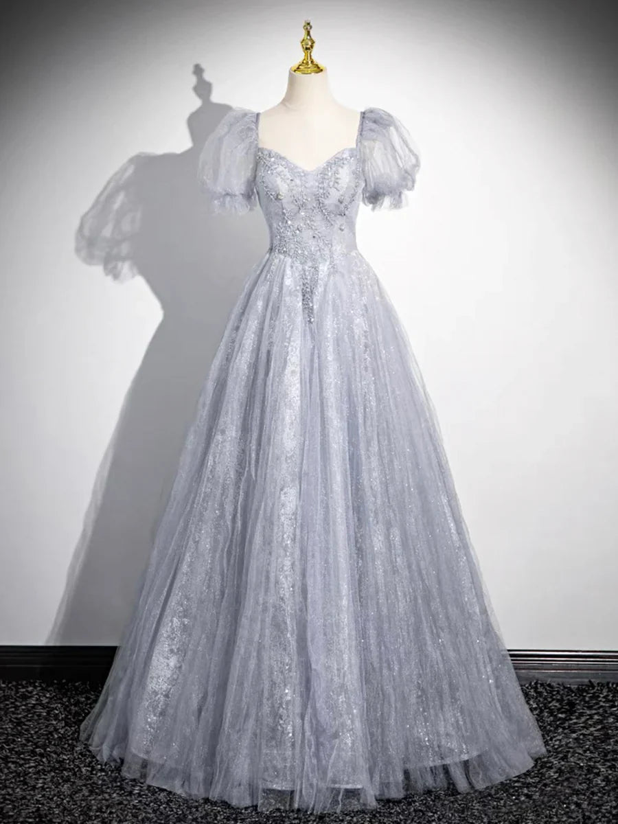 Vestido de fiesta de tul gris con cuentas, largo hasta el suelo, corte A, manga corta, TP101