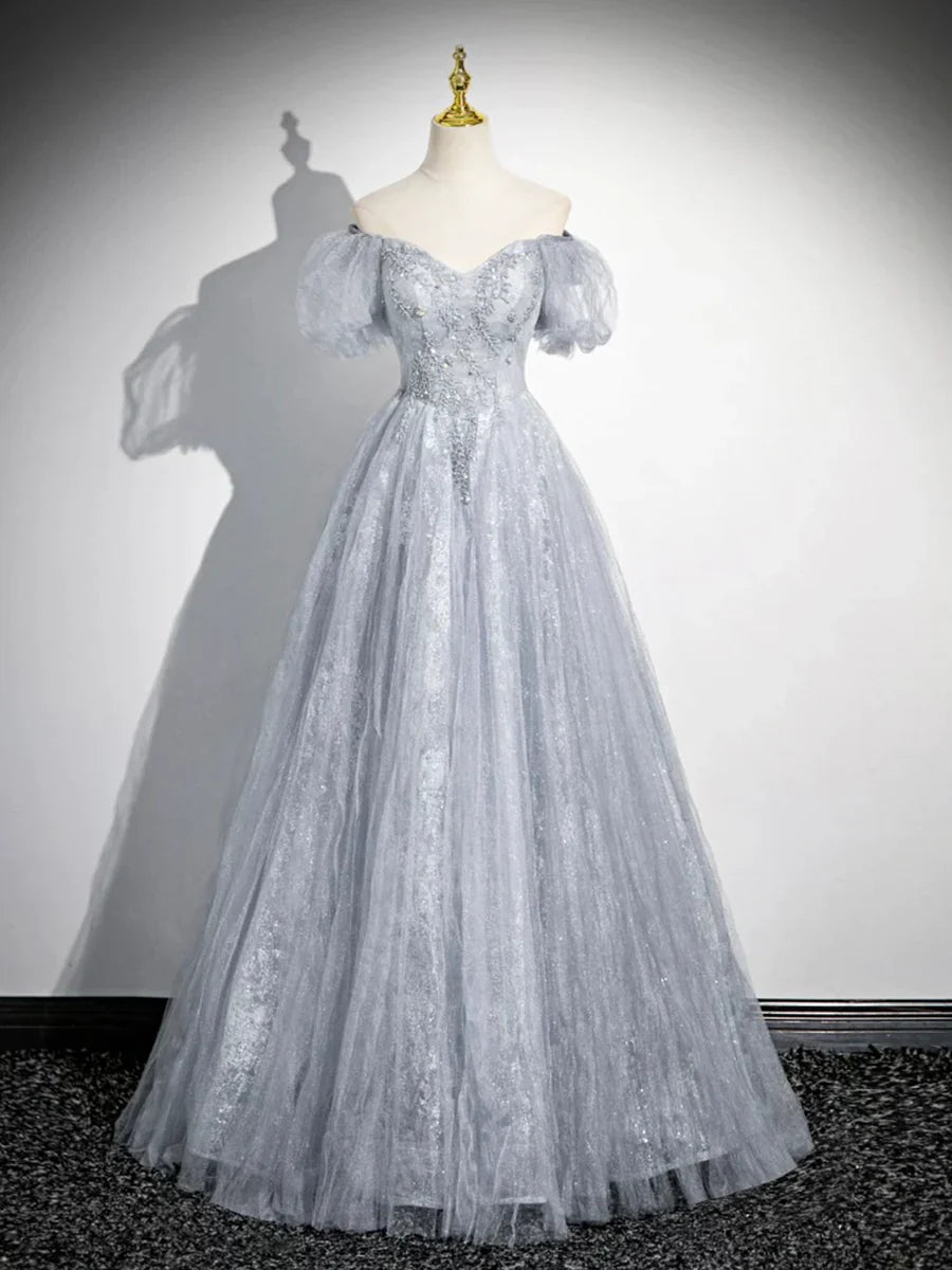 Vestido de fiesta de tul gris con cuentas, largo hasta el suelo, corte A, manga corta, TP101