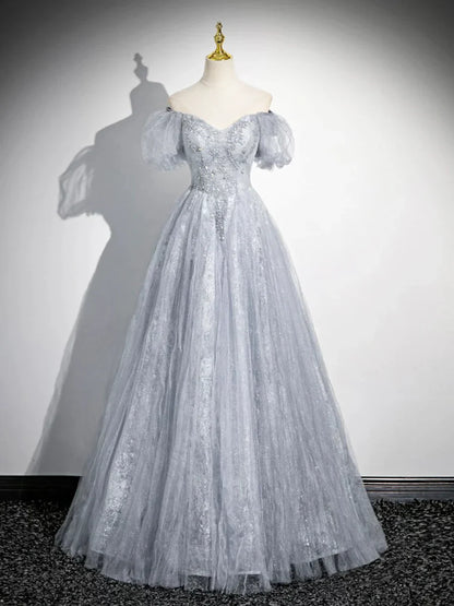 Vestido de fiesta de tul gris con cuentas, largo hasta el suelo, corte A, manga corta, TP101