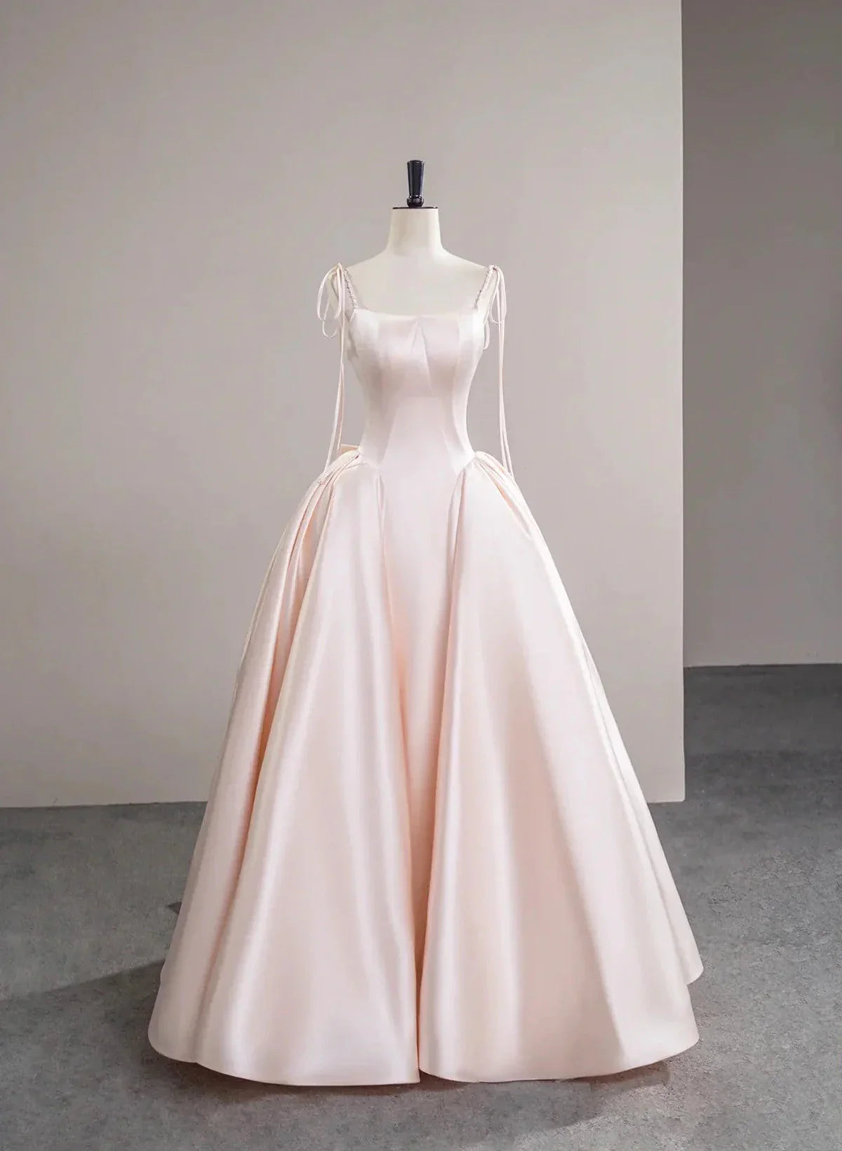 Vestido formal largo de satén rosa con tirantes y lazo, vestido de fiesta de graduación de satén rosa TP1010