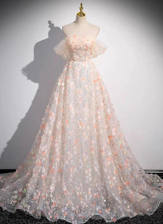 Hermoso vestido formal de encaje con flores y hombros descubiertos, corte A, vestido largo de fiesta TP1015