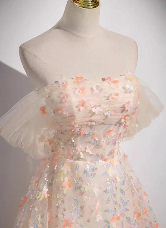 Hermoso vestido formal de encaje con flores y hombros descubiertos, corte A, vestido largo de fiesta TP1015