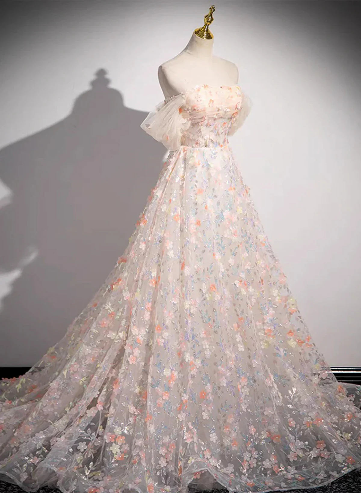 Hermoso vestido formal de encaje con flores y hombros descubiertos, corte A, vestido largo de fiesta TP1015