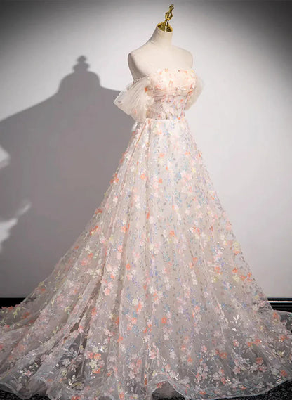 Hermoso vestido formal de encaje con flores y hombros descubiertos, corte A, vestido largo de fiesta TP1015