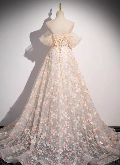 Hermoso vestido formal de encaje con flores y hombros descubiertos, corte A, vestido largo de fiesta TP1015