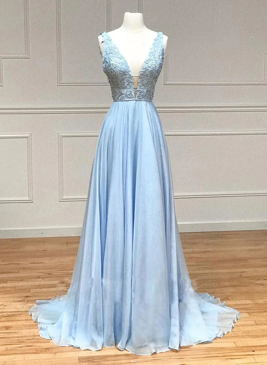 Vestido de fiesta azul claro de gasa con encaje, corte A, vestido de noche azul claro TP1016