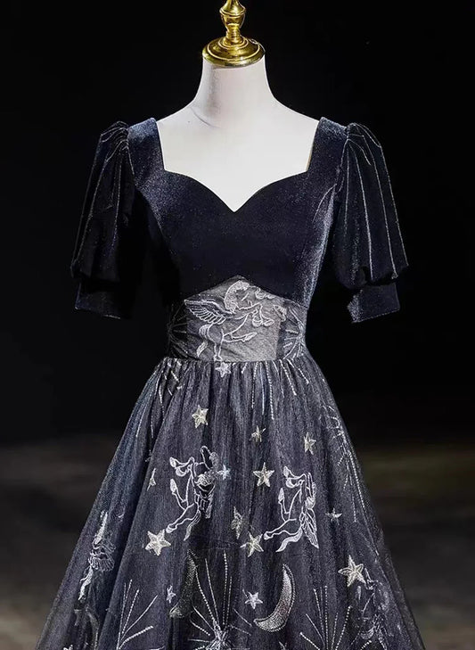 Black Tulle and Velvet A-line Long Party Dress, Black Long Prom Dress TP1018