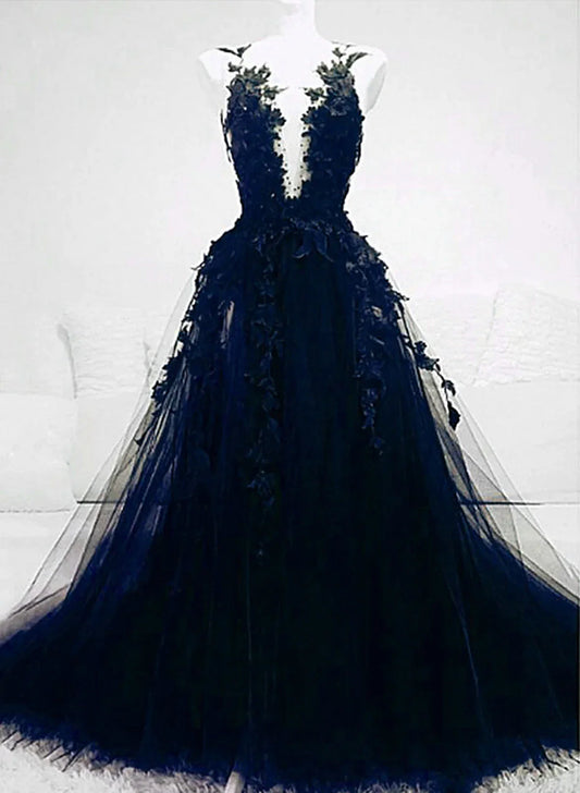 Vestido de noche largo azul marino de tul con encaje y corte en A, vestido de fiesta azul marino TP1021