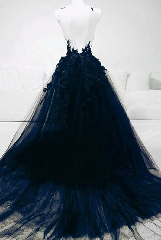 Vestido de noche largo azul marino de tul con encaje y corte en A, vestido de fiesta azul marino TP1021