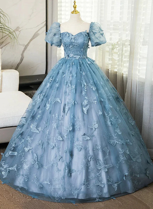 Precioso vestido de fiesta largo azul de manga corta con encaje de mariposa, vestido de fiesta azul TP1024