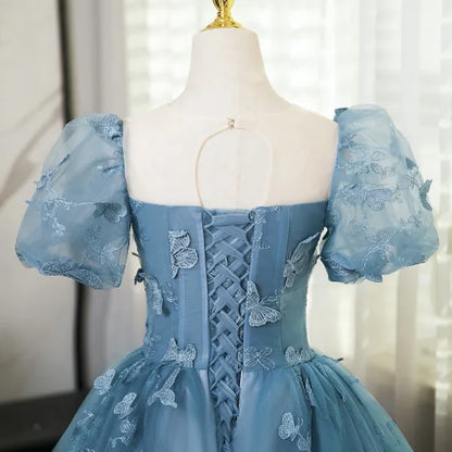 Precioso vestido de fiesta largo azul de manga corta con encaje de mariposa, vestido de fiesta azul TP1024