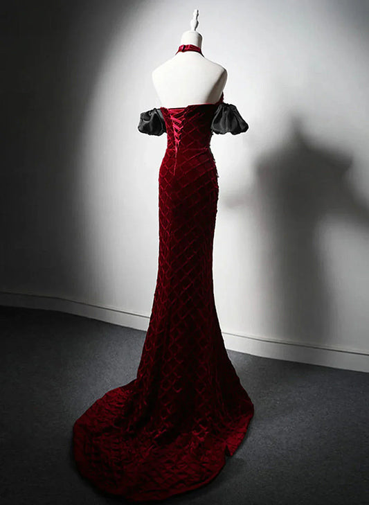 Wine Red Mermaid Velvet Beaded Long Formal Dress, Wine Red Prom Dress TP1025