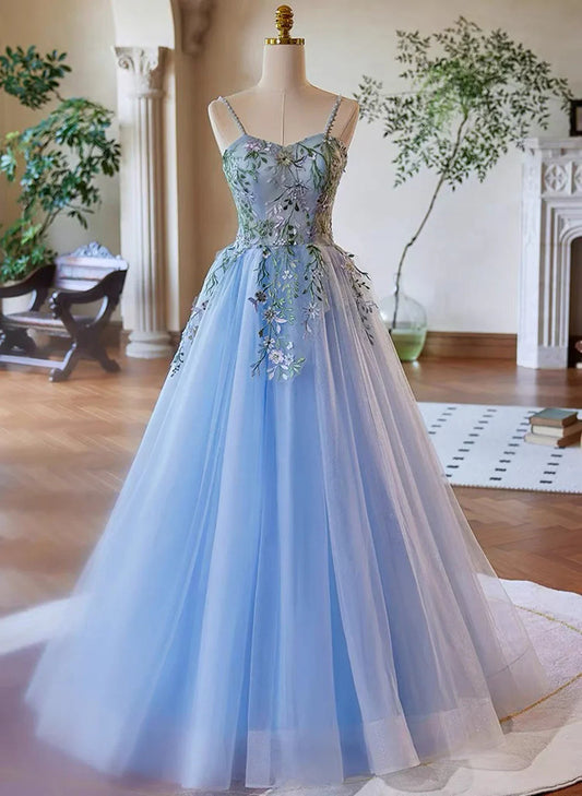 Vestido de fiesta azul claro con tirantes de tul y apliques de encaje, TP1026