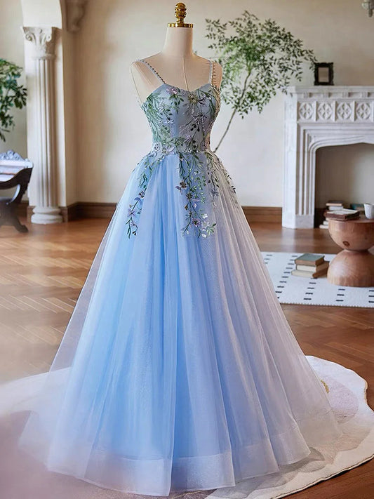 Vestido de fiesta azul claro con tirantes de tul y apliques de encaje, TP1026
