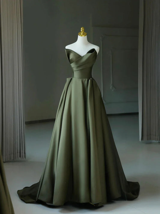 Vestido de fiesta largo de satén verde oscuro con escote en V y corte A, sin tirantes, TP103