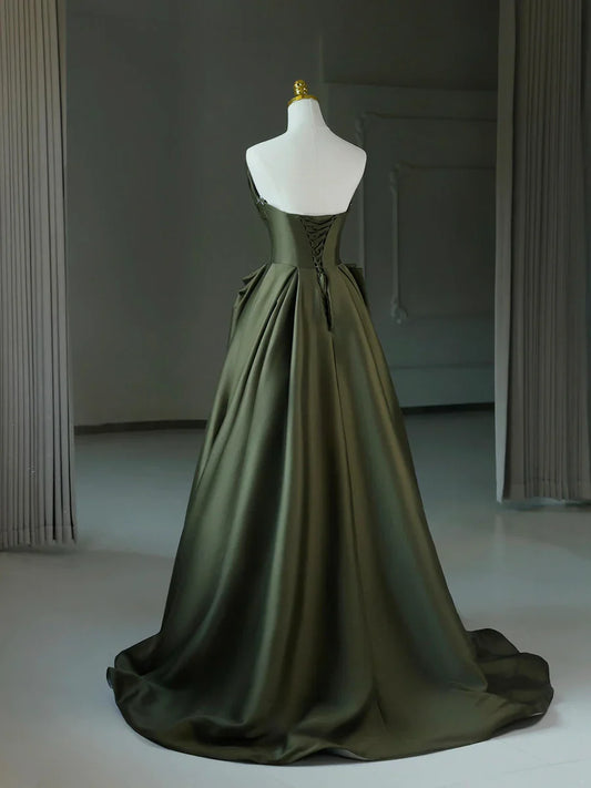 Vestido de fiesta largo de satén verde oscuro con escote en V y corte A, sin tirantes, TP103
