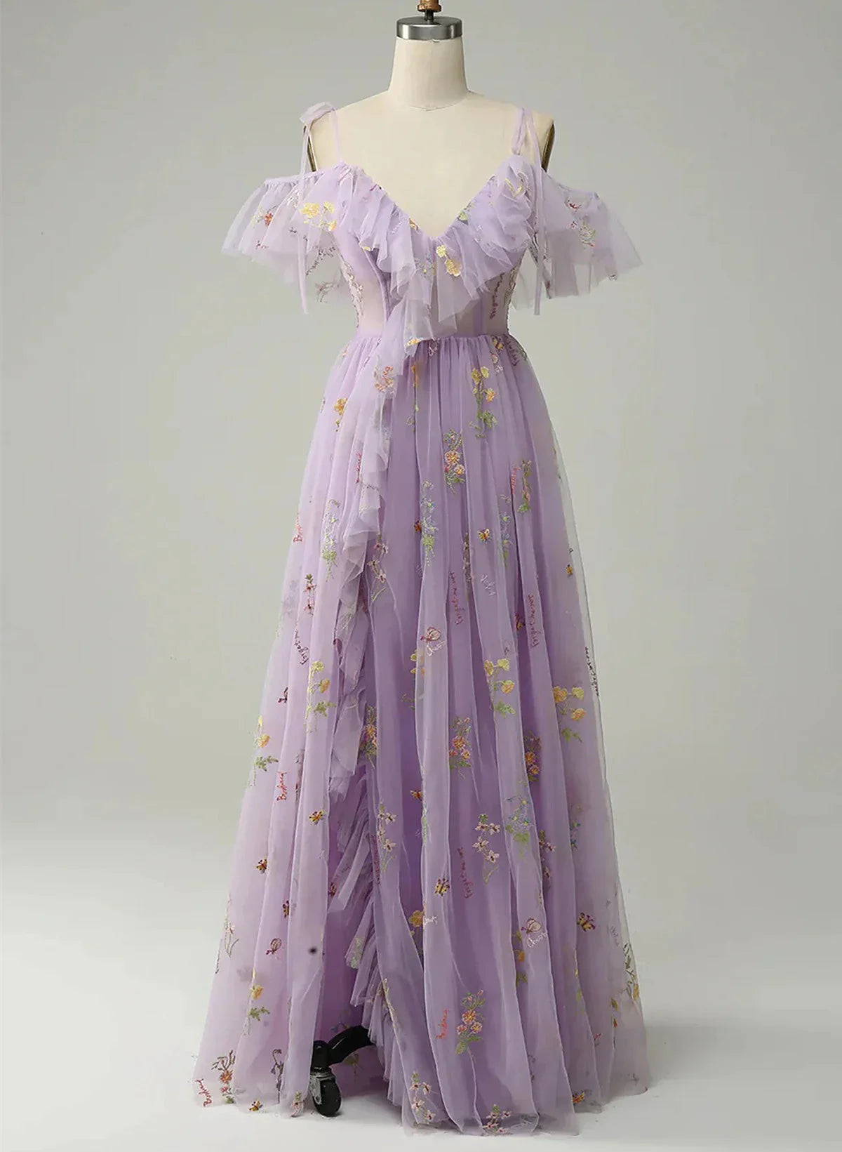 Vestido largo de fiesta morado claro con escote en V y tirantes finos, corte en A, TP1031