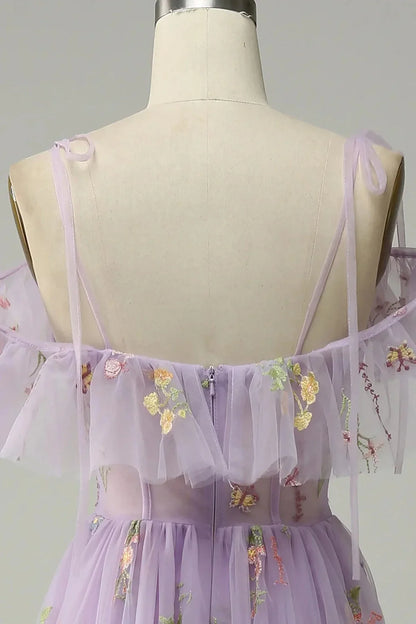 Vestido largo de fiesta morado claro con escote en V y tirantes finos, corte en A, TP1031