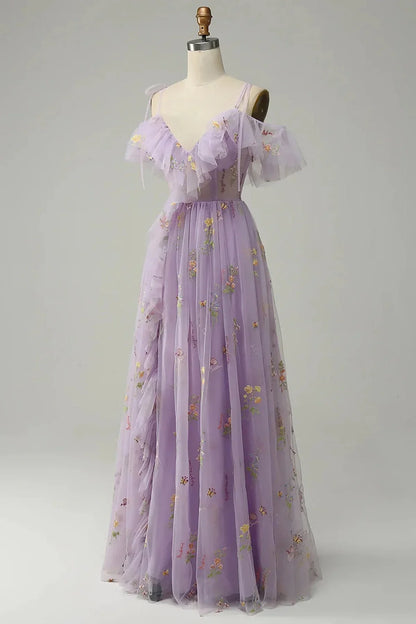 Vestido largo de fiesta morado claro con escote en V y tirantes finos, corte en A, TP1031