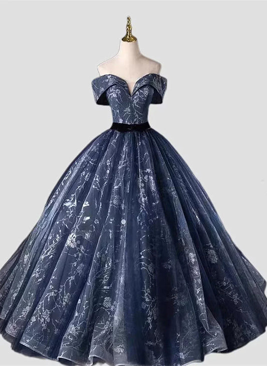 Retro Navy Blue Sweetheart Off-the-shoulder Quinceanera A-Line Long Formal Dress Sweet 16 Ball Gown TP1033