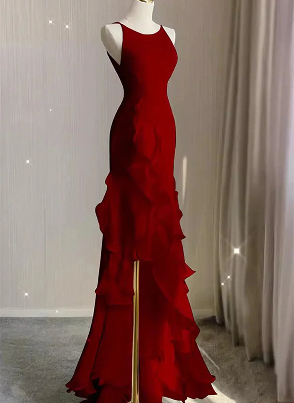 Vestido de noche rojo vino largo con escote redondo y espalda baja, vestido de fiesta rojo vino TP1036