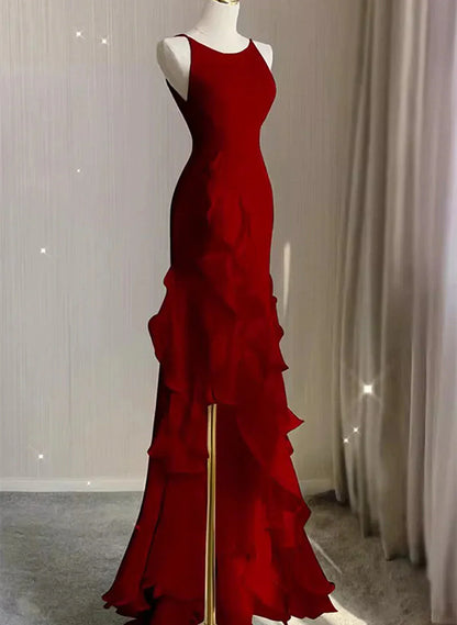 Vestido de noche rojo vino largo con escote redondo y espalda baja, vestido de fiesta rojo vino TP1036