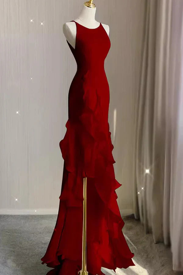 Vestido de noche rojo vino largo con escote redondo y espalda baja, vestido de fiesta rojo vino TP1036