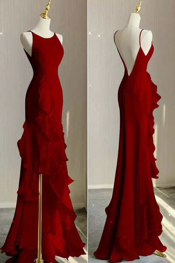 Vestido de noche rojo vino largo con escote redondo y espalda baja, vestido de fiesta rojo vino TP1036