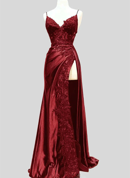 Vestido formal de satén rojo vino con encaje, vestido de noche rojo vino, vestido de fiesta TP1040