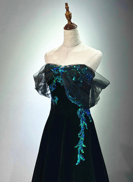 Vestido de fiesta negro de terciopelo y tul con hombros descubiertos, corte A, vestido de fiesta largo negro TP1041