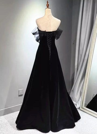 Vestido de fiesta negro de terciopelo y tul con hombros descubiertos, corte A, vestido de fiesta largo negro TP1041