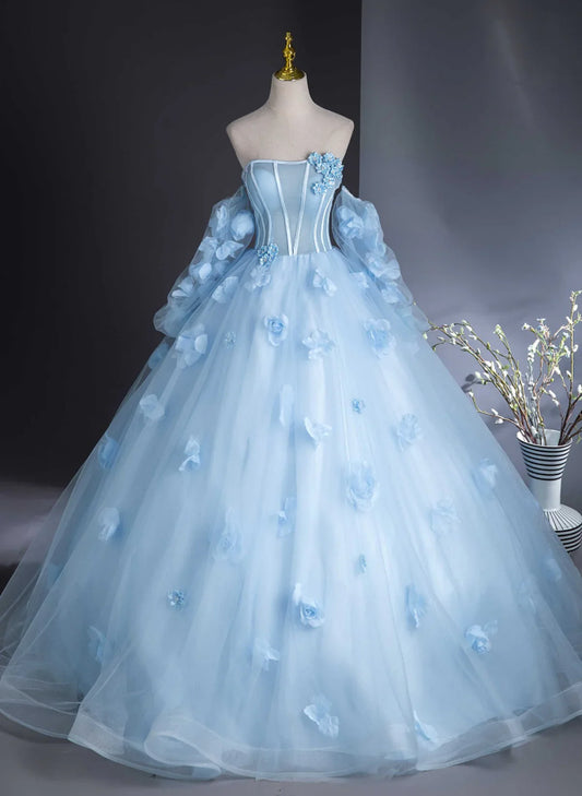 Hermoso vestido formal largo de tul azul con flores, vestido de noche azul para quinceañeras TP1045