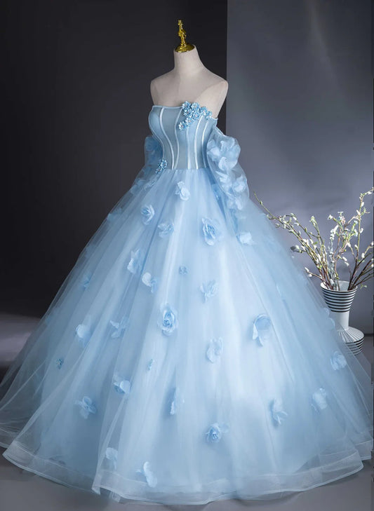Hermoso vestido formal largo de tul azul con flores, vestido de noche azul para quinceañeras TP1045
