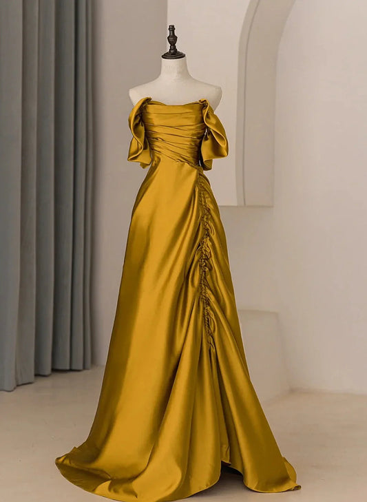 Gold Satin Off Shoulder Long Evening Dress, Gold Satin Prom Dress TP1046