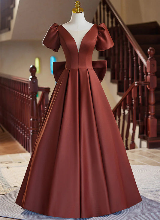 A-line Satin Short Sleeves Long Prom Dress, Satin Simple Evening Dress TP1048