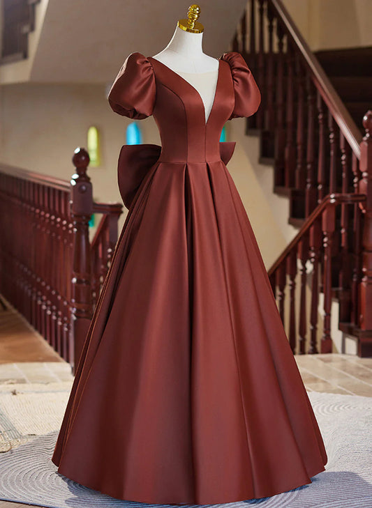 A-line Satin Short Sleeves Long Prom Dress, Satin Simple Evening Dress TP1048