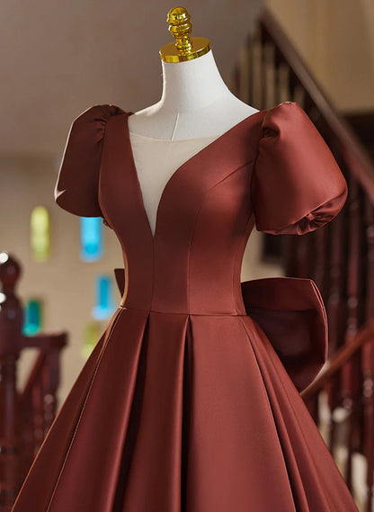 A-line Satin Short Sleeves Long Prom Dress, Satin Simple Evening Dress TP1048