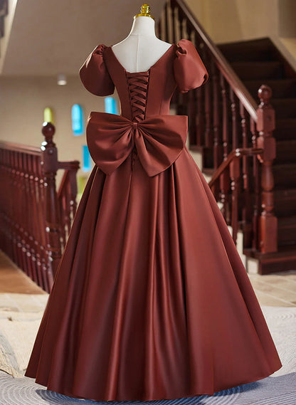 A-line Satin Short Sleeves Long Prom Dress, Satin Simple Evening Dress TP1048