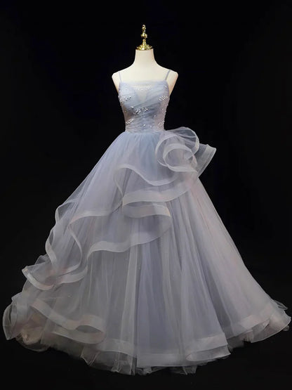 Beautiful Gray Cascading Ruffles Pearl Prom Dress, A-line Spaghetti Straps Sleeveless Backless Formal Dress TP105