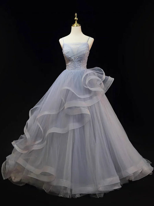Beautiful Gray Cascading Ruffles Pearl Prom Dress, A-line Spaghetti Straps Sleeveless Backless Formal Dress TP105