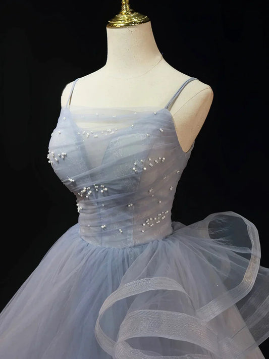 Beautiful Gray Cascading Ruffles Pearl Prom Dress, A-line Spaghetti Straps Sleeveless Backless Formal Dress TP105