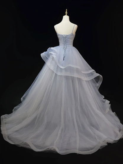 Beautiful Gray Cascading Ruffles Pearl Prom Dress, A-line Spaghetti Straps Sleeveless Backless Formal Dress TP105