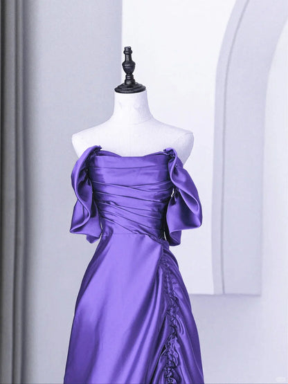Hermoso vestido formal de satén morado con hombros descubiertos, vestido de noche de satén morado, vestido de fiesta TP1052