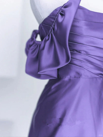 Hermoso vestido formal de satén morado con hombros descubiertos, vestido de noche de satén morado, vestido de fiesta TP1052