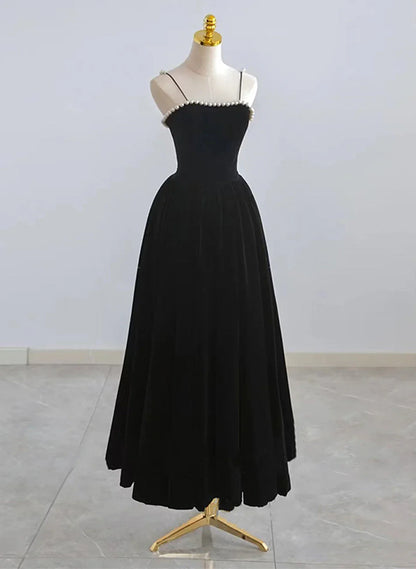 Vestido de fiesta de terciopelo negro con tirantes, largo hasta la rodilla, vestido de fiesta de terciopelo negro TP1053