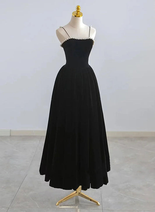 Vestido de fiesta de terciopelo negro con tirantes, largo hasta la rodilla, vestido de fiesta de terciopelo negro TP1053