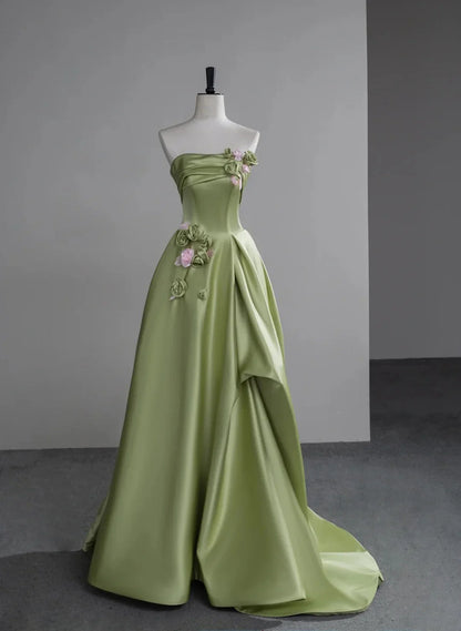 Green A-line Satin with Flowers Long Evening Dress, Green Satin Prom Dress TP1054